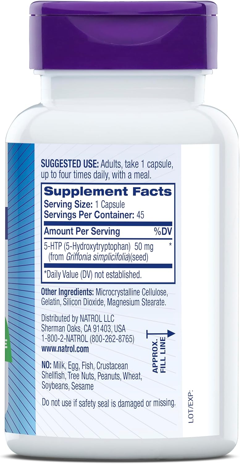 Natrol 5-HTP Mood & Stress Dietary Supplement 50mg Capsules - Balanced Mood Support - 45 Day Supply