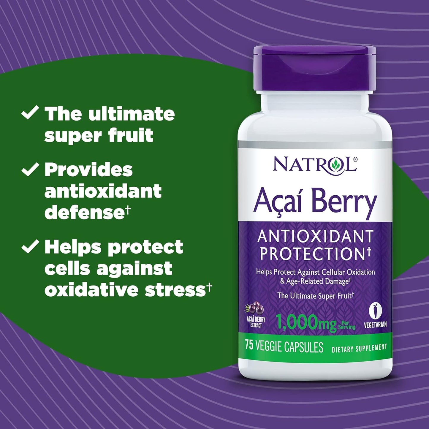 Natrol Acai Berry 1,000mg Veggie Capsules - Antioxidant Defense Supplement 75ct x 24 Pack
