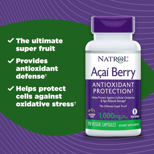 Natrol Acai Berry 1,000mg Veggie Capsules - Antioxidant Defense Supplement 75ct x 24 Pack