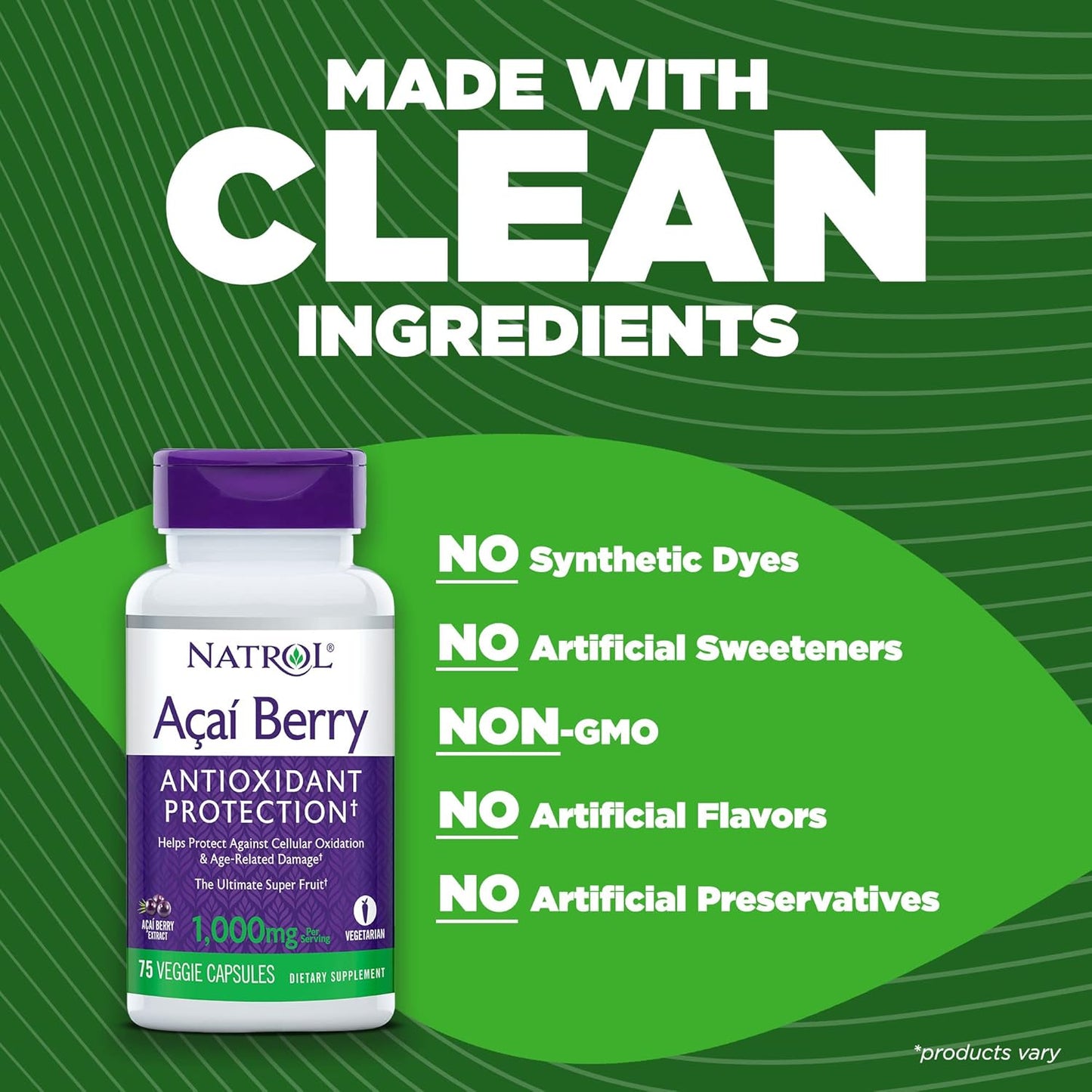 Natrol Acai Berry 1,000mg Veggie Capsules - Antioxidant Defense Supplement 75ct x 24 Pack