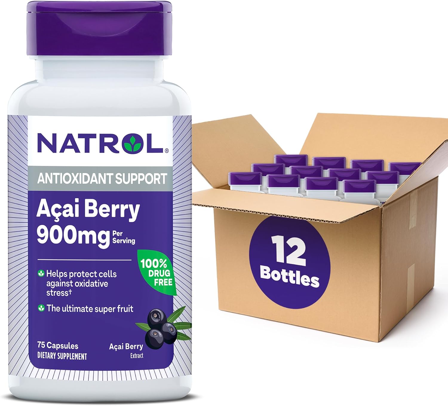 Natrol Acai Berry Dietary Supplement - Antioxidant Defense - 900mg Veggie Capsules (75 Count x 12 Packs)