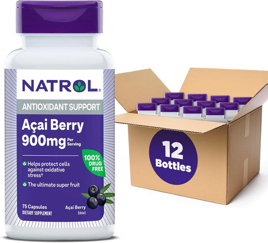 Natrol Acai Berry Dietary Supplement - Antioxidant Defense - 900mg Veggie Capsules (75 Count x 12 Packs)