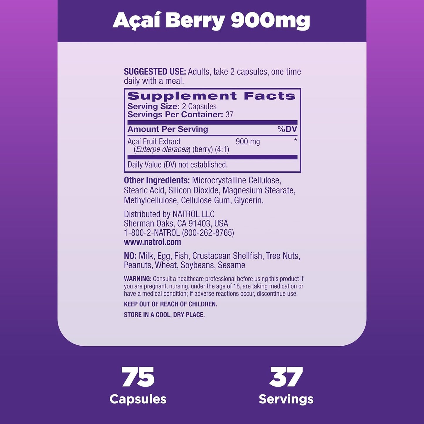 Natrol Acai Berry Dietary Supplement - Antioxidant Defense - 900mg Veggie Capsules (75 Count x 12 Packs)
