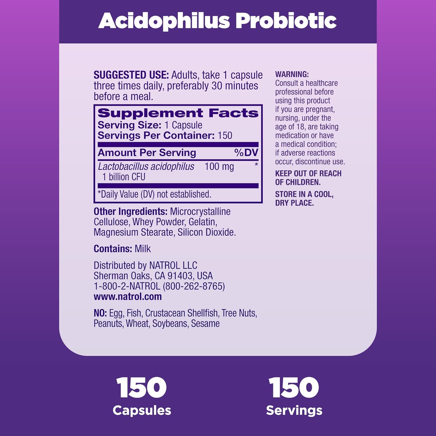 Natrol Acidophilus Probiotic 100mg 150 Capsules for Digestive Health, Gut Function Support