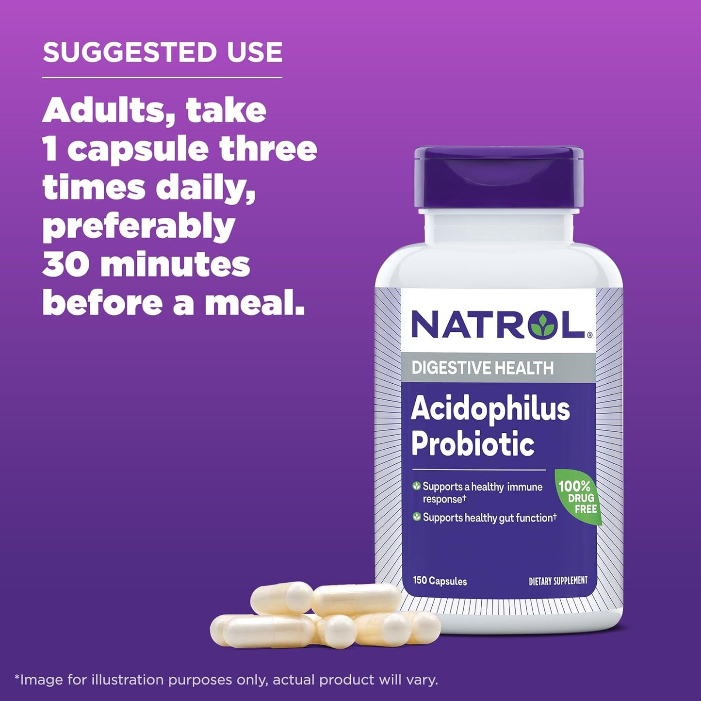 Natrol Acidophilus Probiotic 100mg 150 Capsules for Digestive Health, Gut Function Support