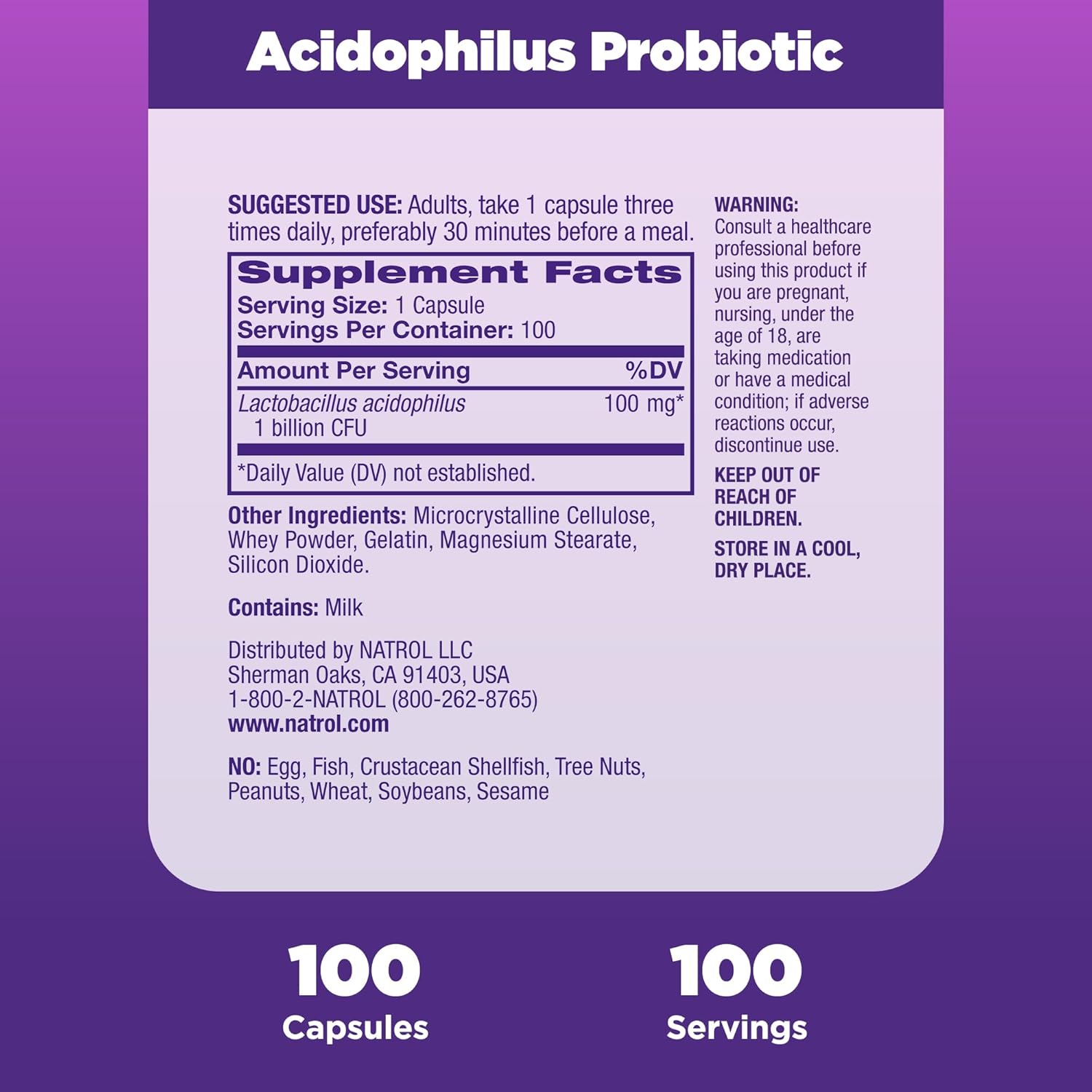 Natrol Acidophilus Probiotic 100mg Capsules - Supports Digestive Health and Gut Function in Adults - 100 Count