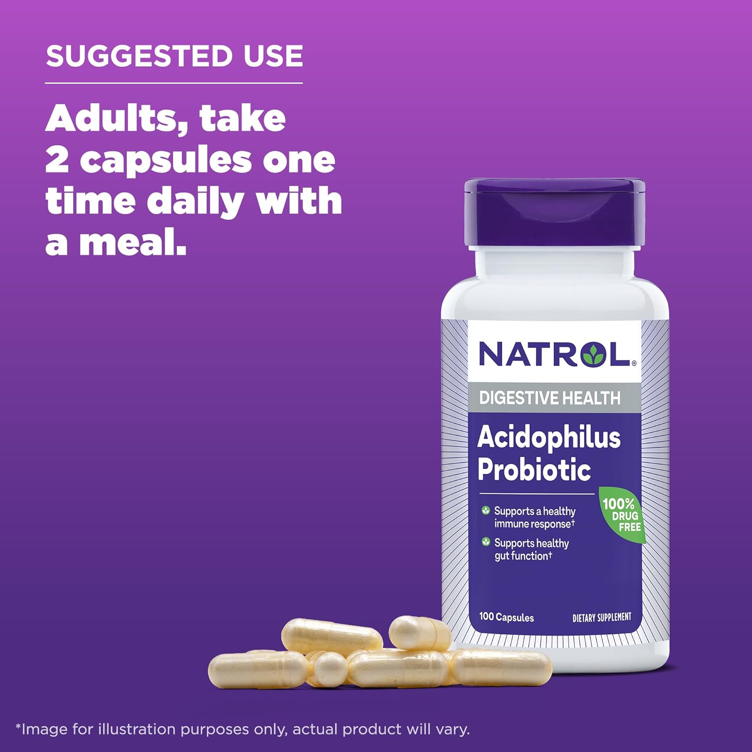 Natrol Acidophilus Probiotic 100mg Capsules - Supports Digestive Health and Gut Function in Adults - 100 Count