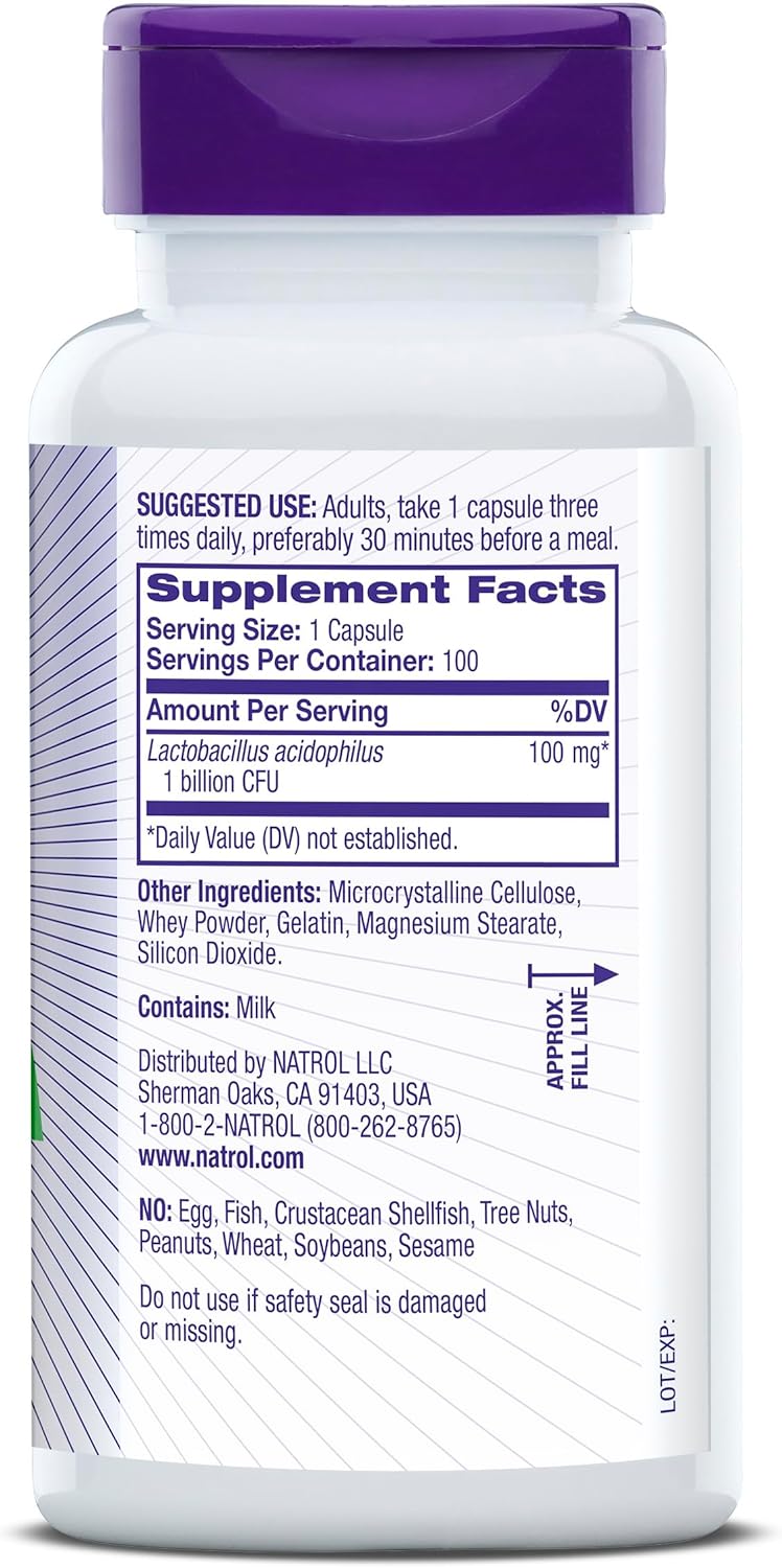 Natrol Acidophilus Probiotic 100mg Capsules - Supports Digestive Health and Gut Function in Adults - 100 Count