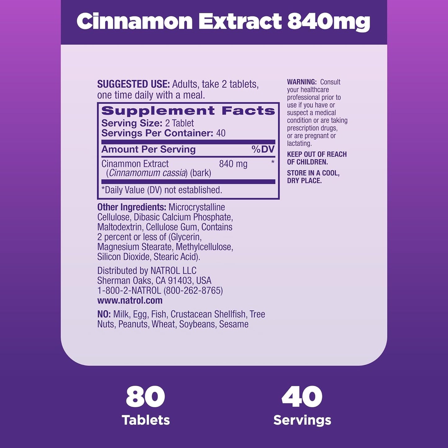 Natrol Cinnamon Extract 840mg - General Wellness Supplement for Adults - 80 Tablets - 40 Day Supply