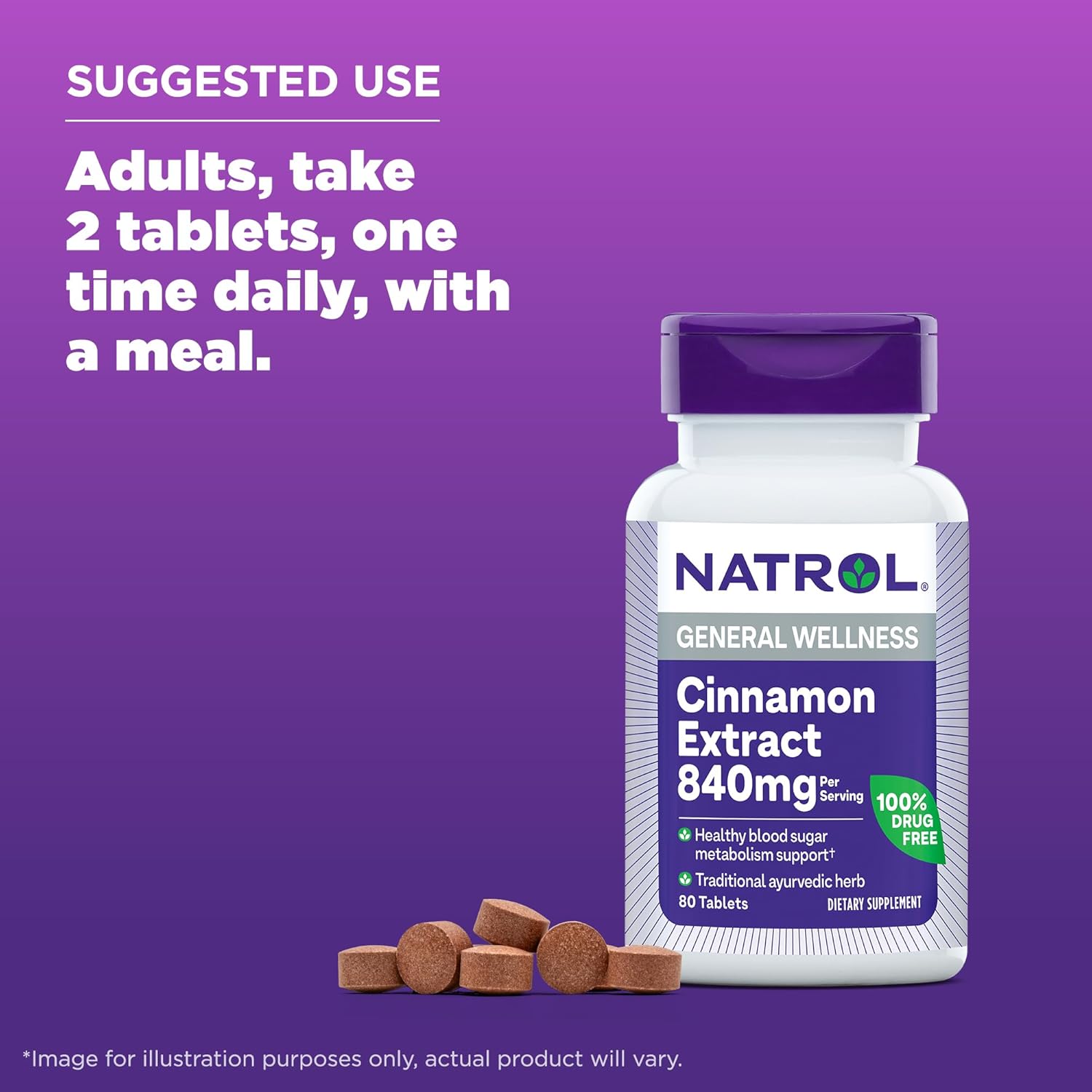 Natrol Cinnamon Extract 840mg - General Wellness Supplement for Adults - 80 Tablets - 40 Day Supply