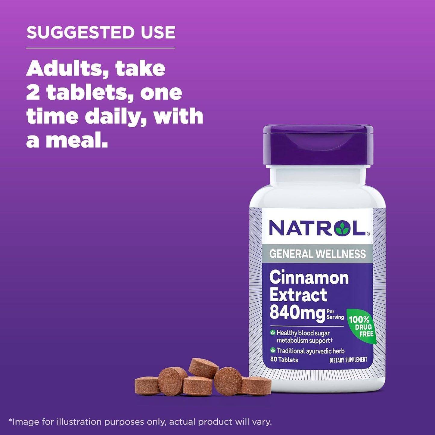 Natrol Cinnamon Extract 840mg - General Wellness Supplement for Adults - 80 Tablets - 40 Day Supply