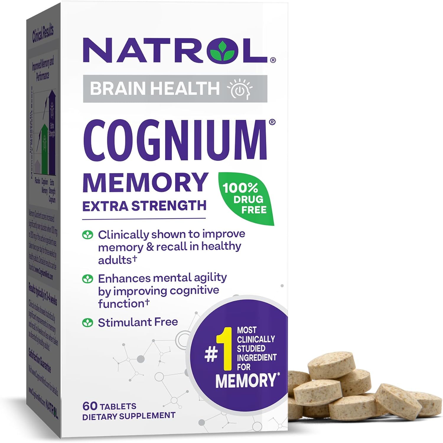 Natrol Cognium Memory Extra Strength with Silk Protein Hydrolysate 200mg - Brain Health and Memory Support Supplement - 60 Tablets