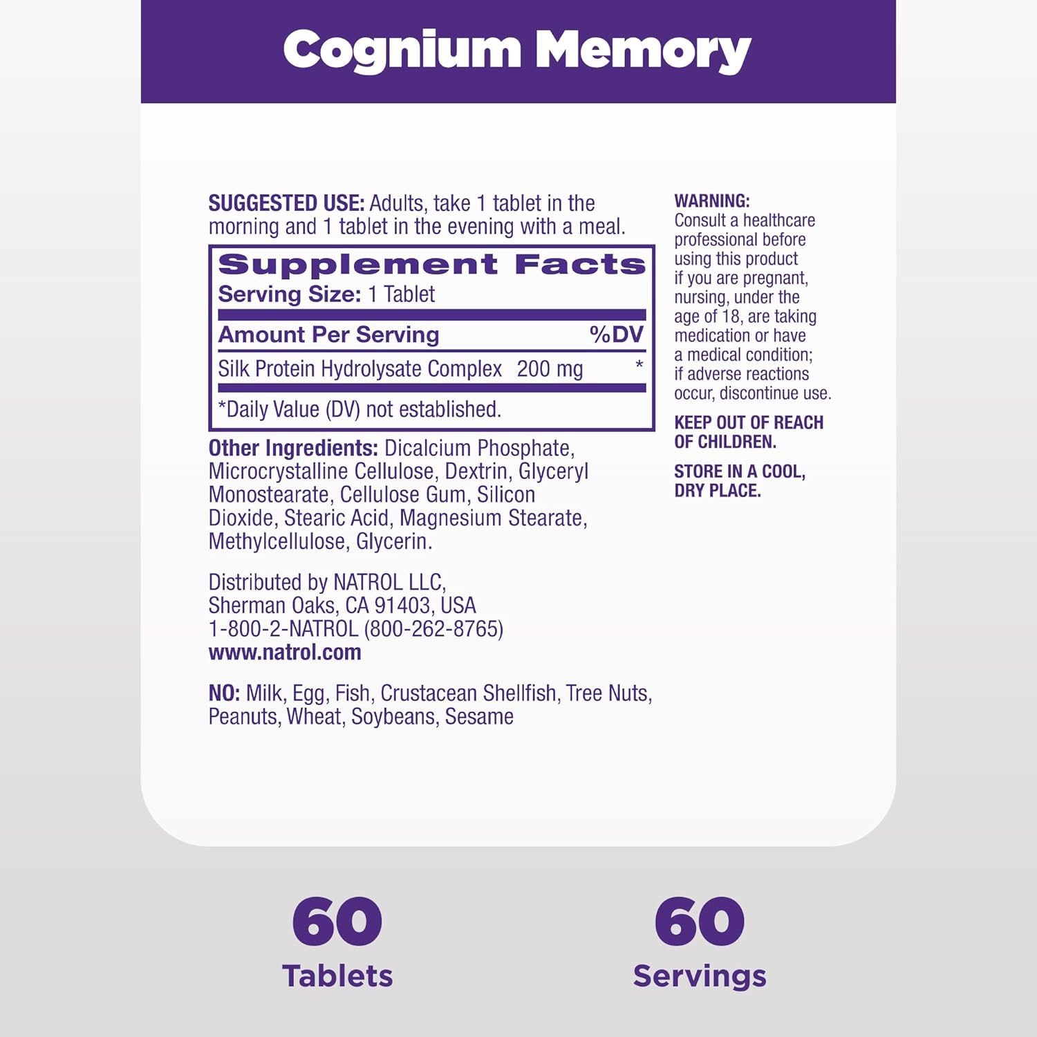 Natrol Cognium Memory Extra Strength with Silk Protein Hydrolysate 200mg - Brain Health and Memory Support Supplement - 60 Tablets