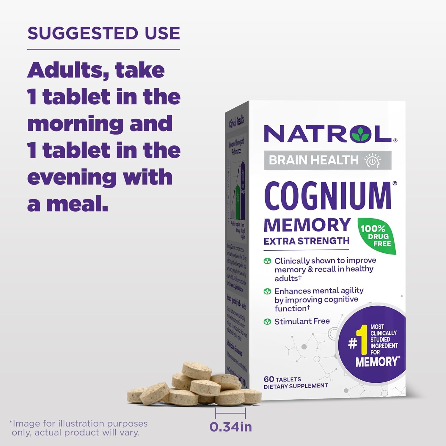 Natrol Cognium Memory Extra Strength with Silk Protein Hydrolysate 200mg - Brain Health and Memory Support Supplement - 60 Tablets