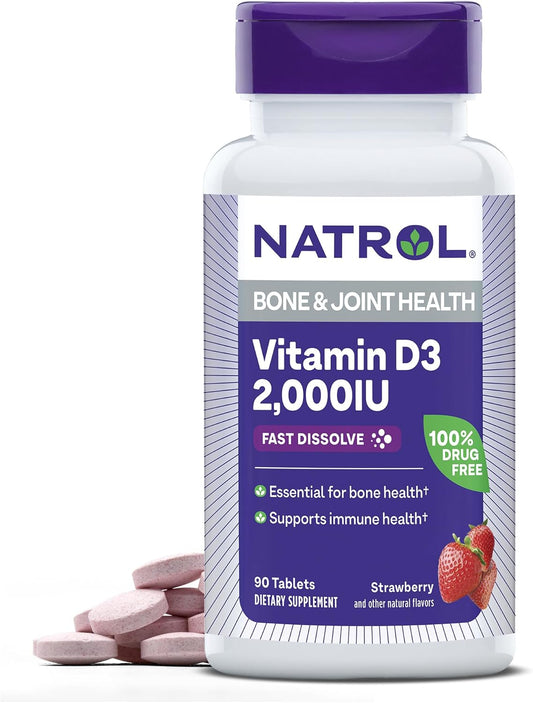 Natrol Fast Dissolve Vitamin D3 2,000 IU Supplement for Bone & Joint Health, 90 Tablets - 90 Day Supply