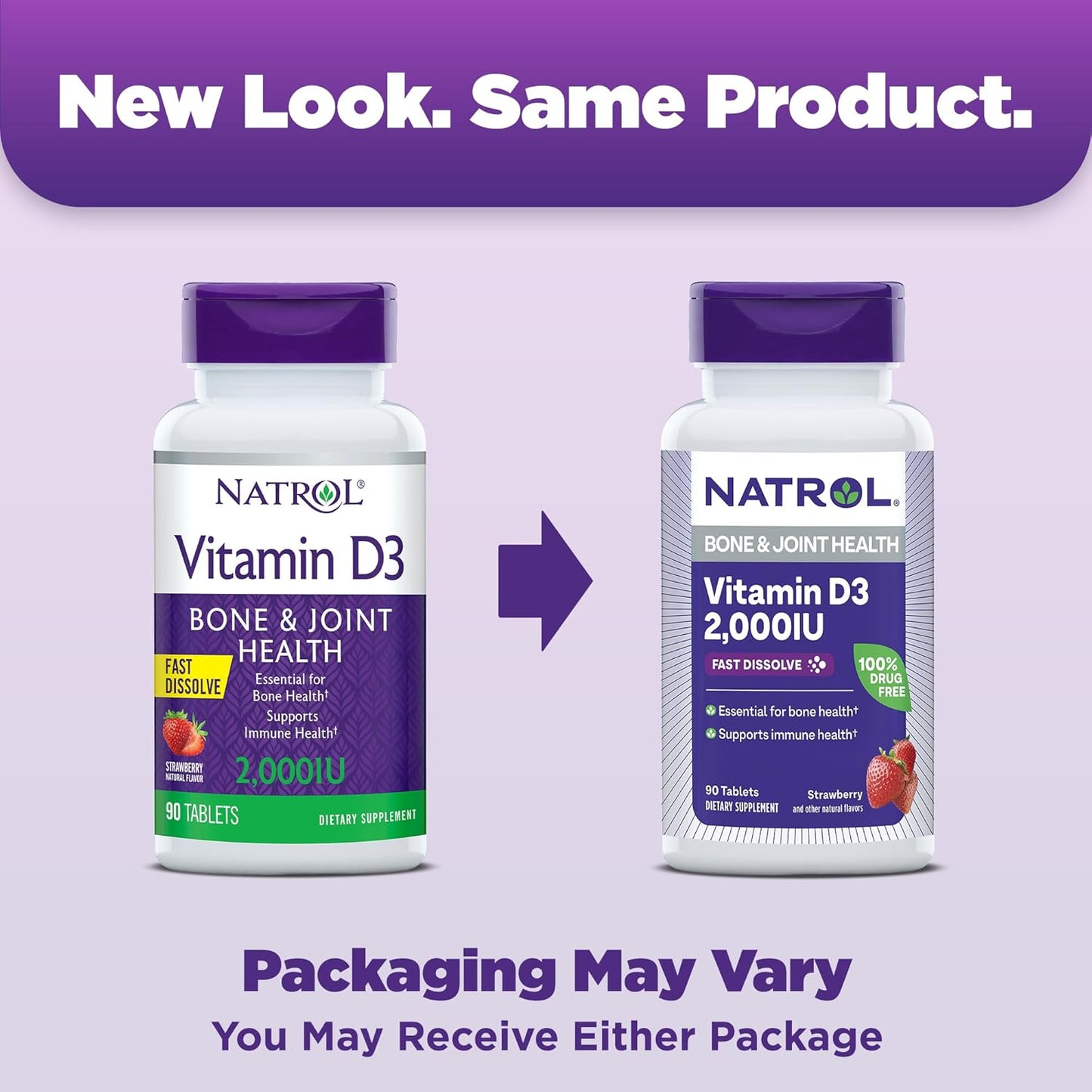 Natrol Fast Dissolve Vitamin D3 2,000 IU Supplement for Bone & Joint Health, 90 Tablets - 90 Day Supply