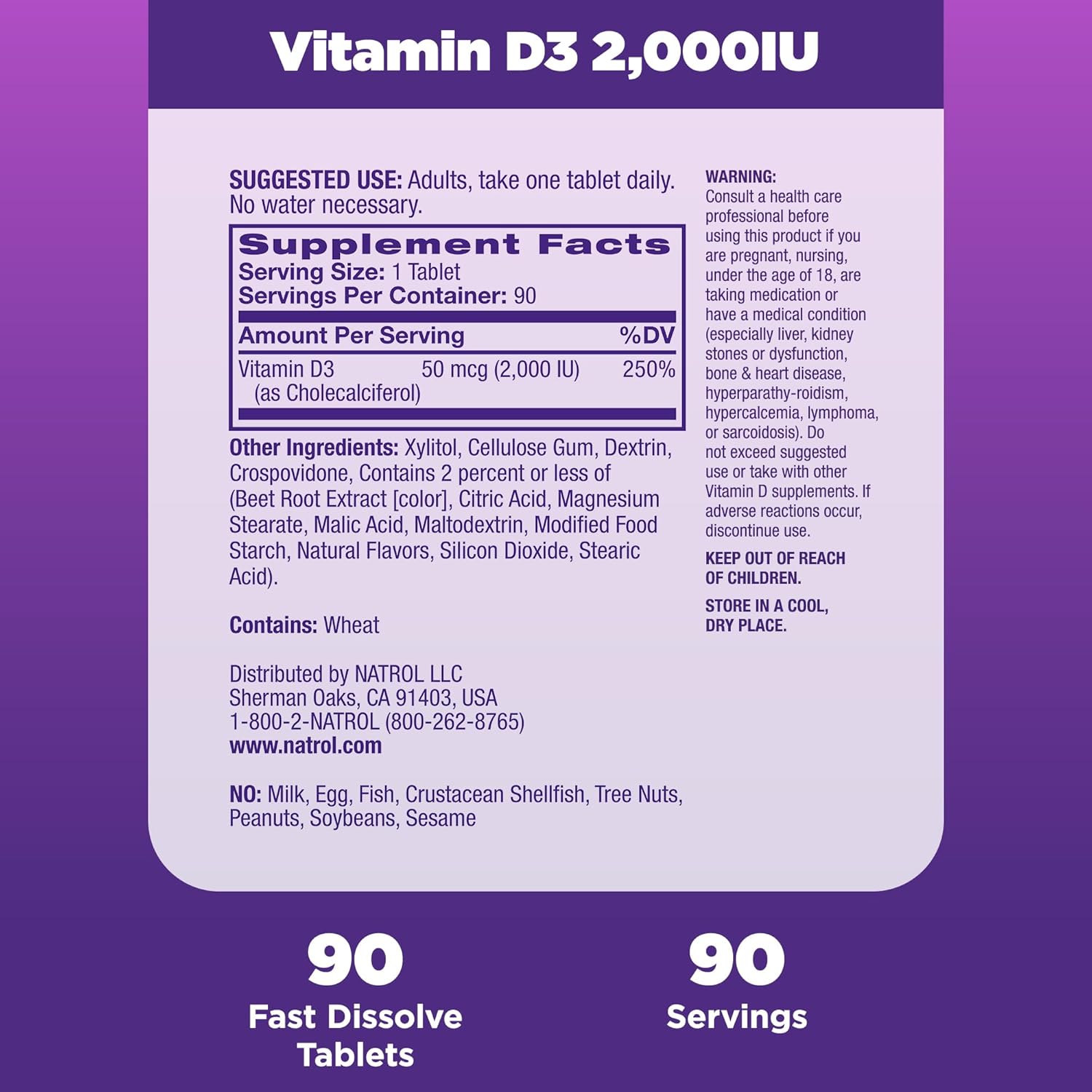 Natrol Fast Dissolve Vitamin D3 2,000 IU Supplement for Bone & Joint Health, 90 Tablets - 90 Day Supply