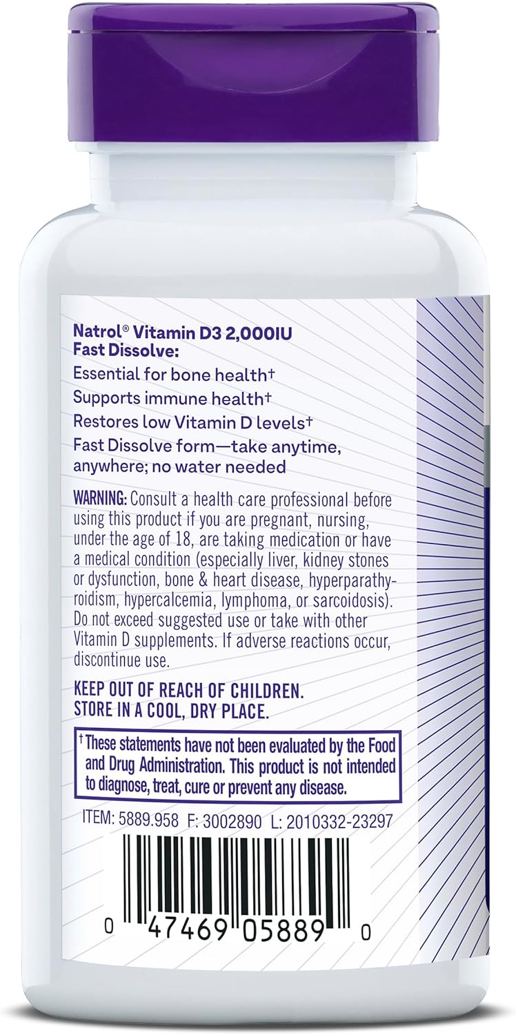 Natrol Fast Dissolve Vitamin D3 2,000 IU Supplement for Bone & Joint Health, 90 Tablets - 90 Day Supply