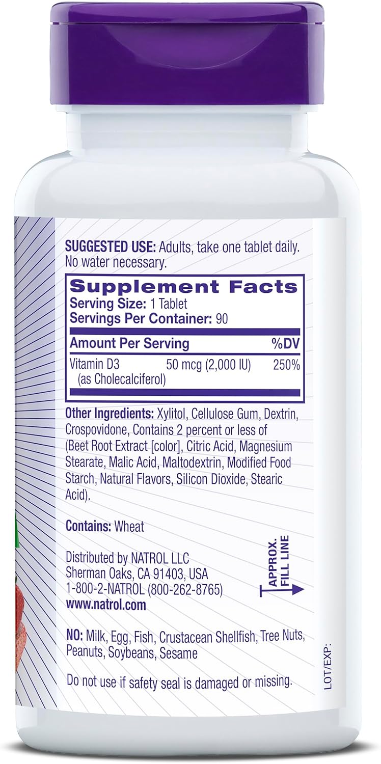 Natrol Fast Dissolve Vitamin D3 2,000 IU Supplement for Bone & Joint Health, 90 Tablets - 90 Day Supply