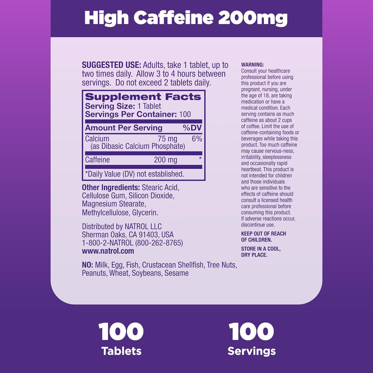 Natrol High Caffeine Energy Support Supplement, 200 mg per Serving, 100 Tablets, 100 Day Supply for Adults