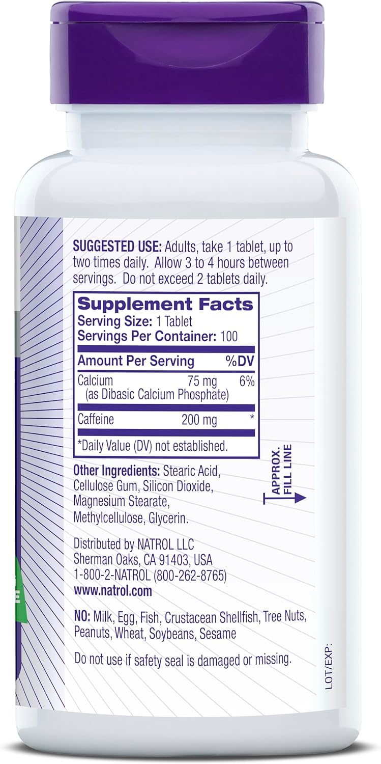 Natrol High Caffeine Energy Support Supplement, 200 mg per Serving, 100 Tablets, 100 Day Supply for Adults
