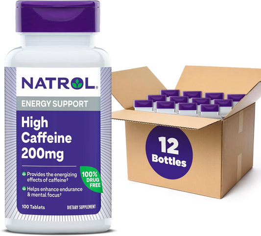 Natrol High Caffeine Tablets - Energy & Endurance Support - 200mg, 100 Count - Pack of 12