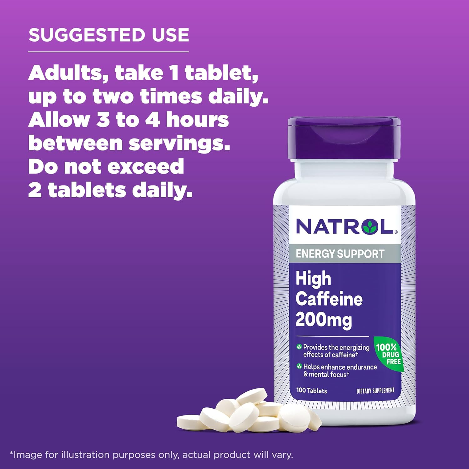 Natrol High Caffeine Tablets - Energy & Endurance Support - 200mg, 100 Count - Pack of 12