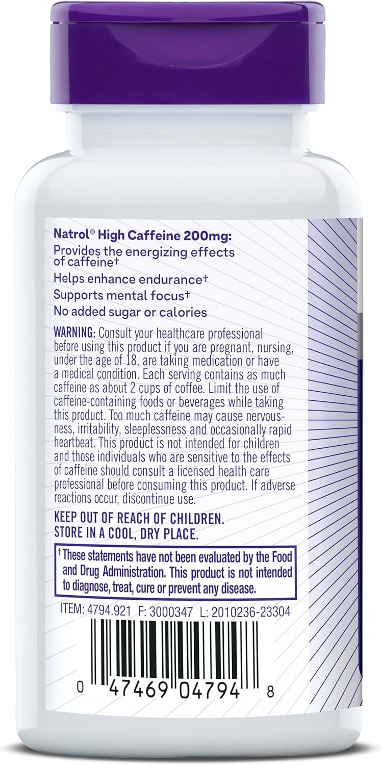 Natrol High Caffeine Tablets - Energy & Endurance Support - 200mg, 100 Count - Pack of 12