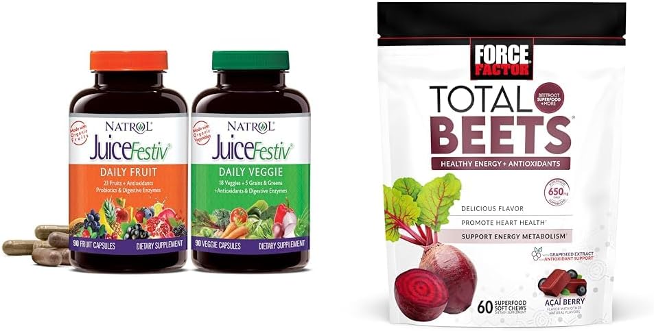 Natrol JuiceFestiv Daily Fruit & Veggie Supplement with SelenoExcell and Whole-Food Nutrients + Force Factor Total Beets Soft Chews with Beetroot, Nitrates, L-Citrulline, Grapeseed Extract