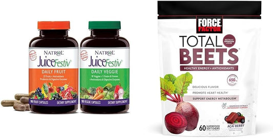 Natrol JuiceFestiv Daily Fruit & Veggie Supplement with SelenoExcell and Whole-Food Nutrients + Force Factor Total Beets Soft Chews with Beetroot, Nitrates, L-Citrulline, Grapeseed Extract