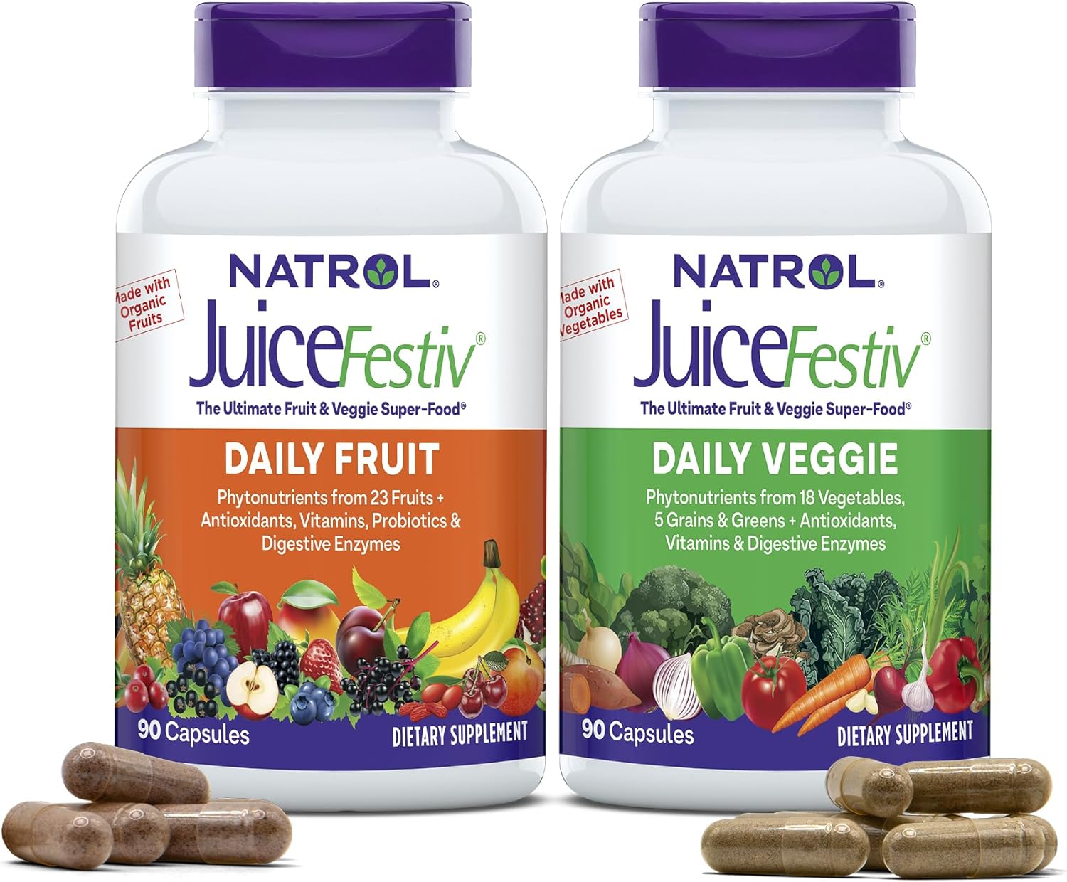 Natrol JuiceFestiv Daily Fruit & Veggie Supplement with SelenoExcell and Whole-Food Nutrients + Force Factor Total Beets Soft Chews with Beetroot, Nitrates, L-Citrulline, Grapeseed Extract
