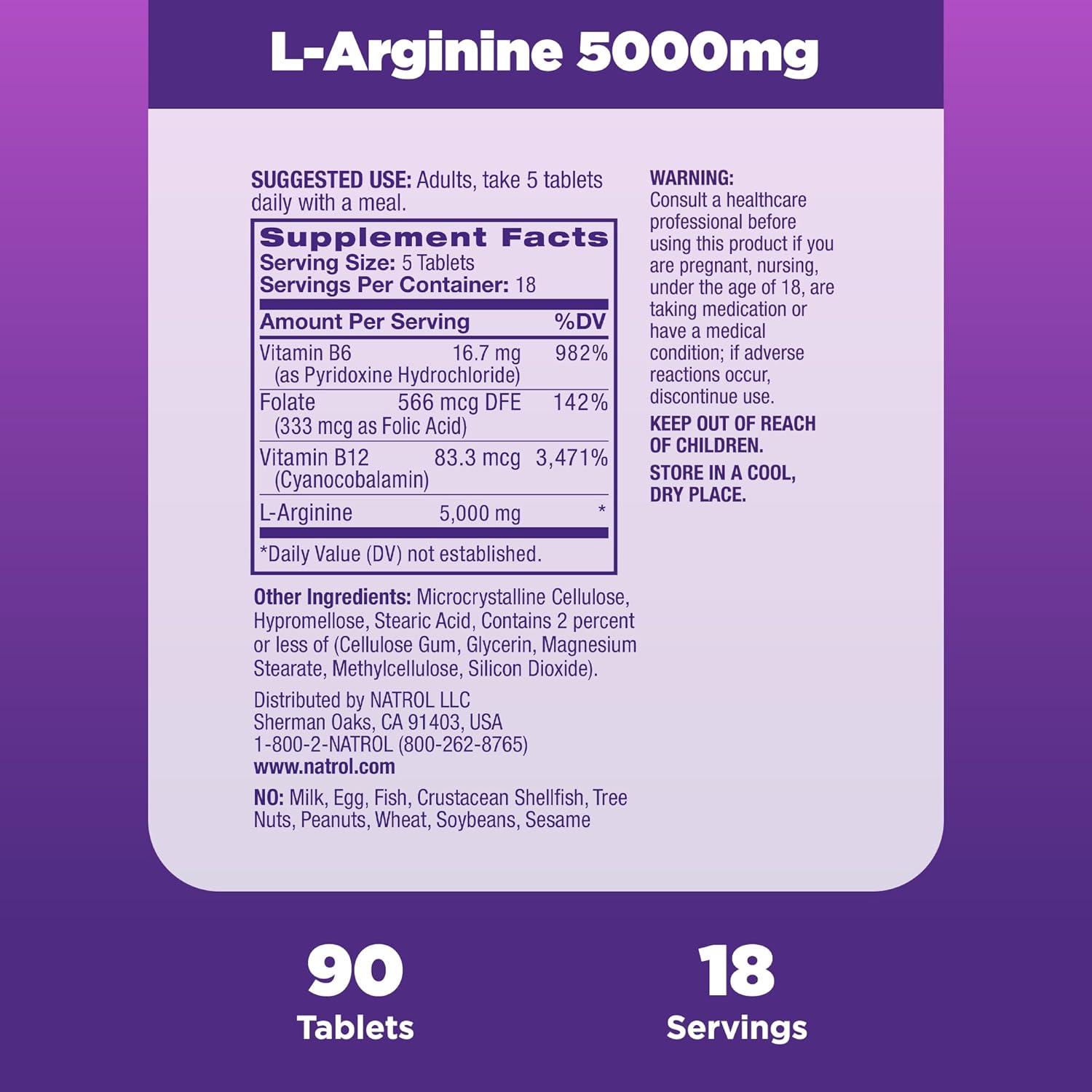 Natrol L-Arginine 5,000 mg Dietary Supplement for Men, 90 Tablets, 18 Day Supply