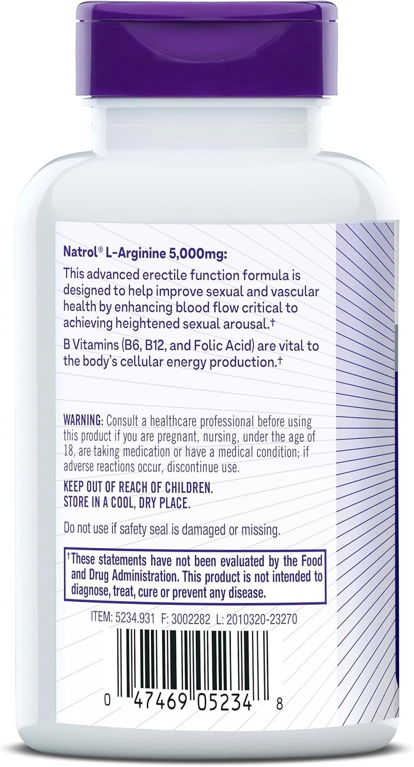 Natrol L-Arginine 5,000 mg Dietary Supplement for Men, 90 Tablets, 18 Day Supply