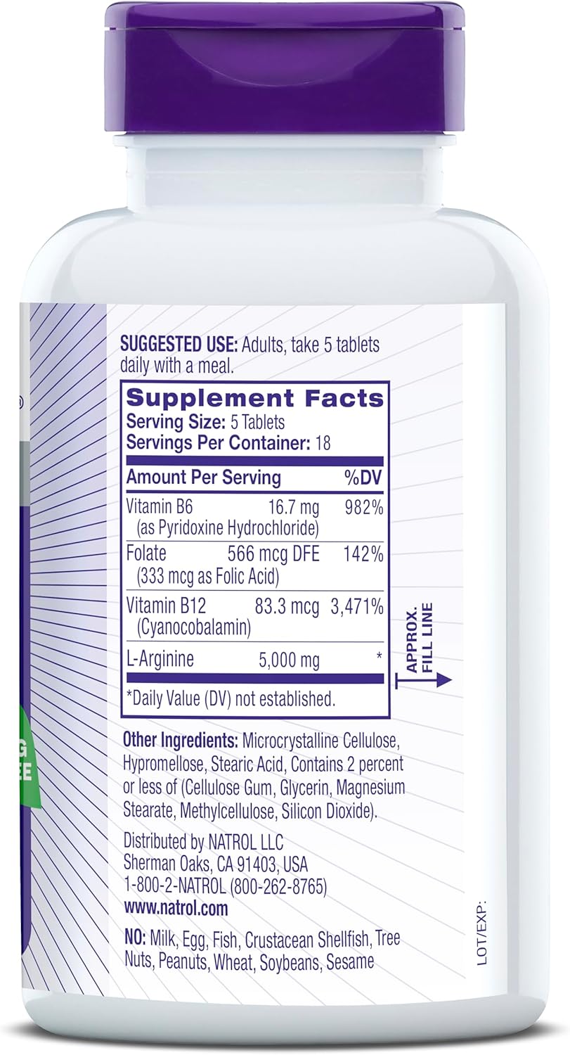 Natrol L-Arginine 5,000 mg Dietary Supplement for Men, 90 Tablets, 18 Day Supply