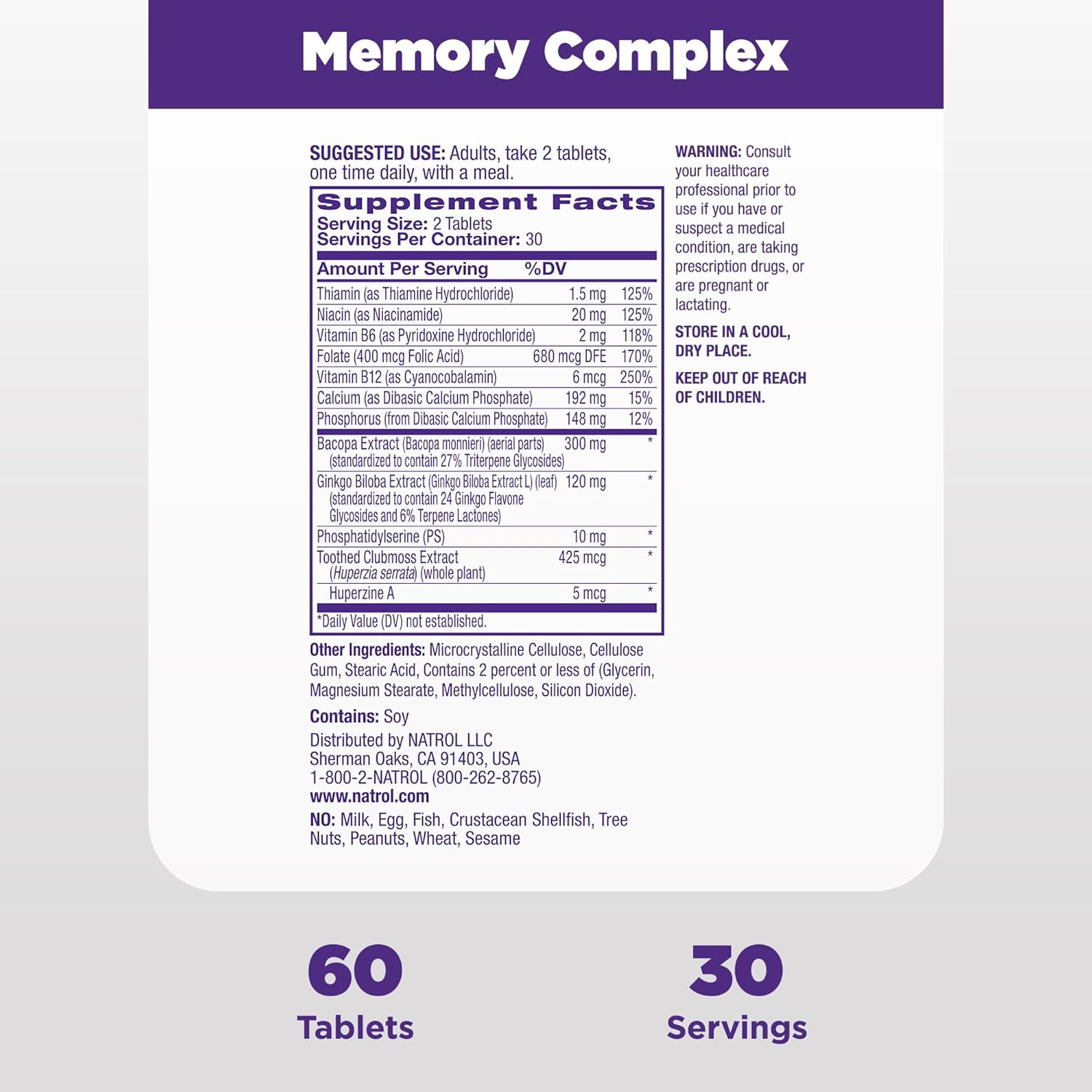 Natrol Memory Complex: Brain Health & Memory Support Supplement with Ginkgo Biloba & B Vitamins, 60 Tablets