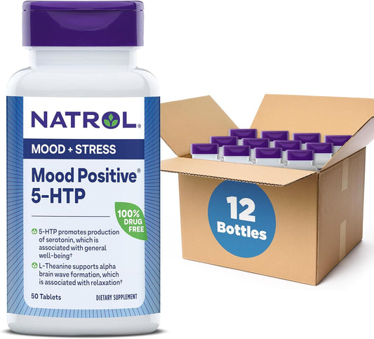 Natrol Mood Positive 5-HTP 50mg Tablets with L-Theanine and B Vitamins - 12 Pack