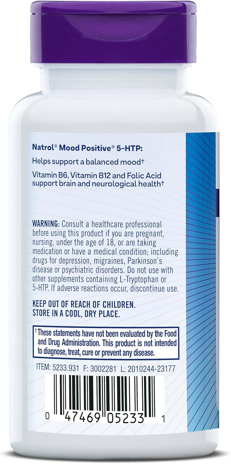 Natrol Mood Positive 5-HTP 50mg Tablets with L-Theanine and B Vitamins - 12 Pack