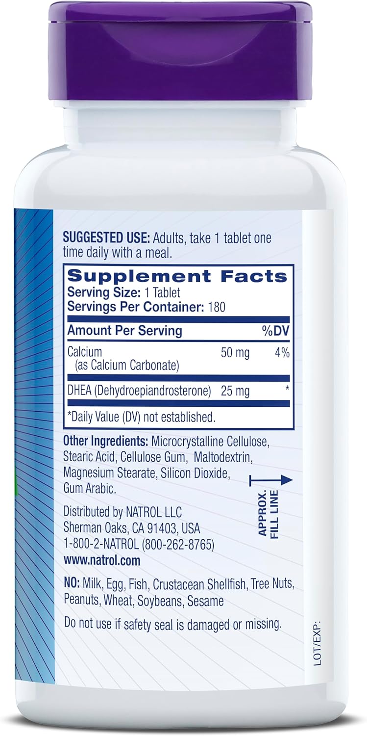 Natrol Mood & Stress DHEA 25mg with Calcium, 180 Tablets - Hormone Balance & Mood Support, 12-Pack, 180 Day Supply