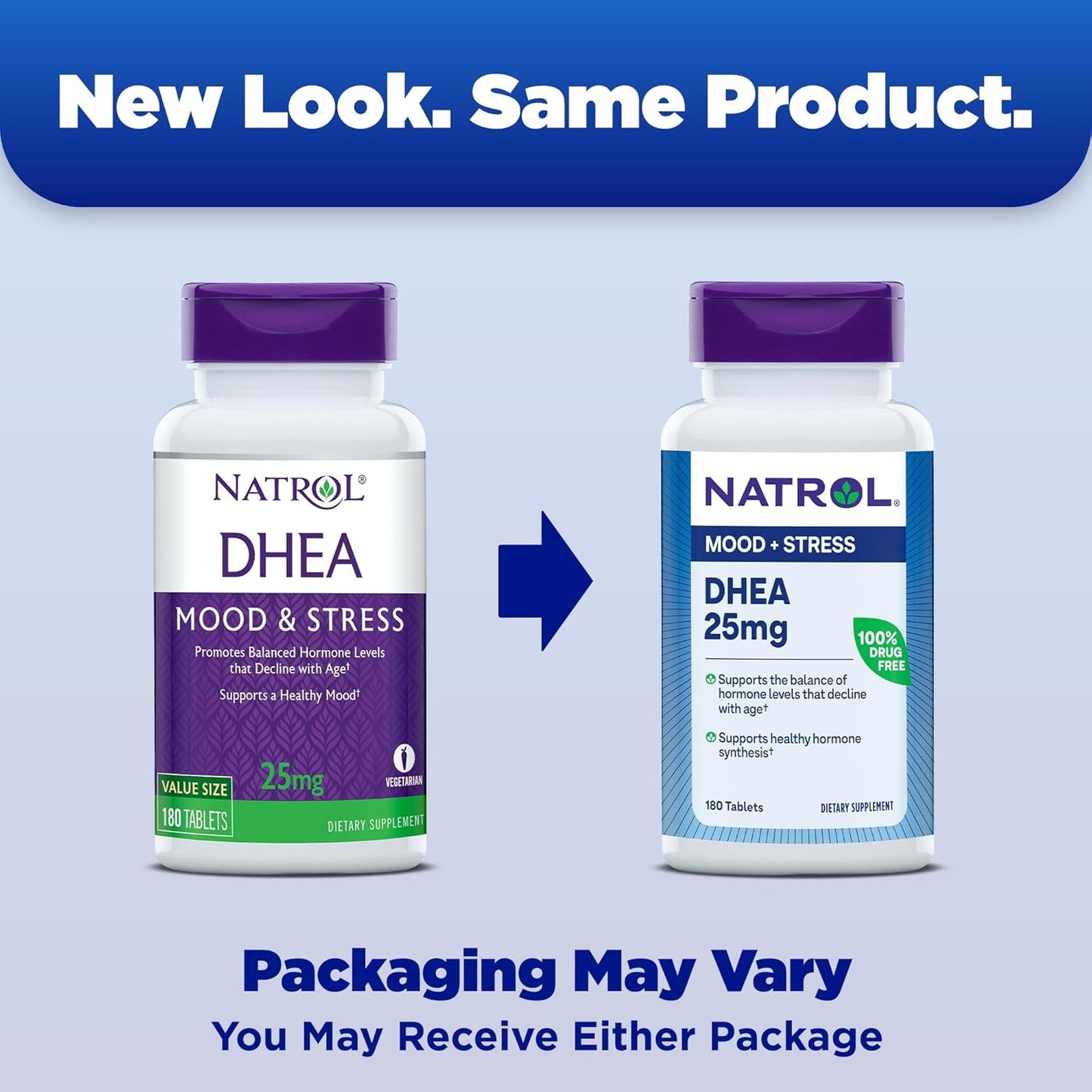 Natrol Mood & Stress DHEA 25mg with Calcium, 180 Tablets - Hormone Balance & Mood Support, 12-Pack, 180 Day Supply
