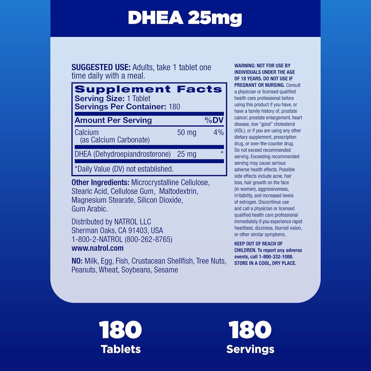 Natrol Mood & Stress DHEA 25mg with Calcium, 180 Tablets - Hormone Balance & Mood Support, 12-Pack, 180 Day Supply