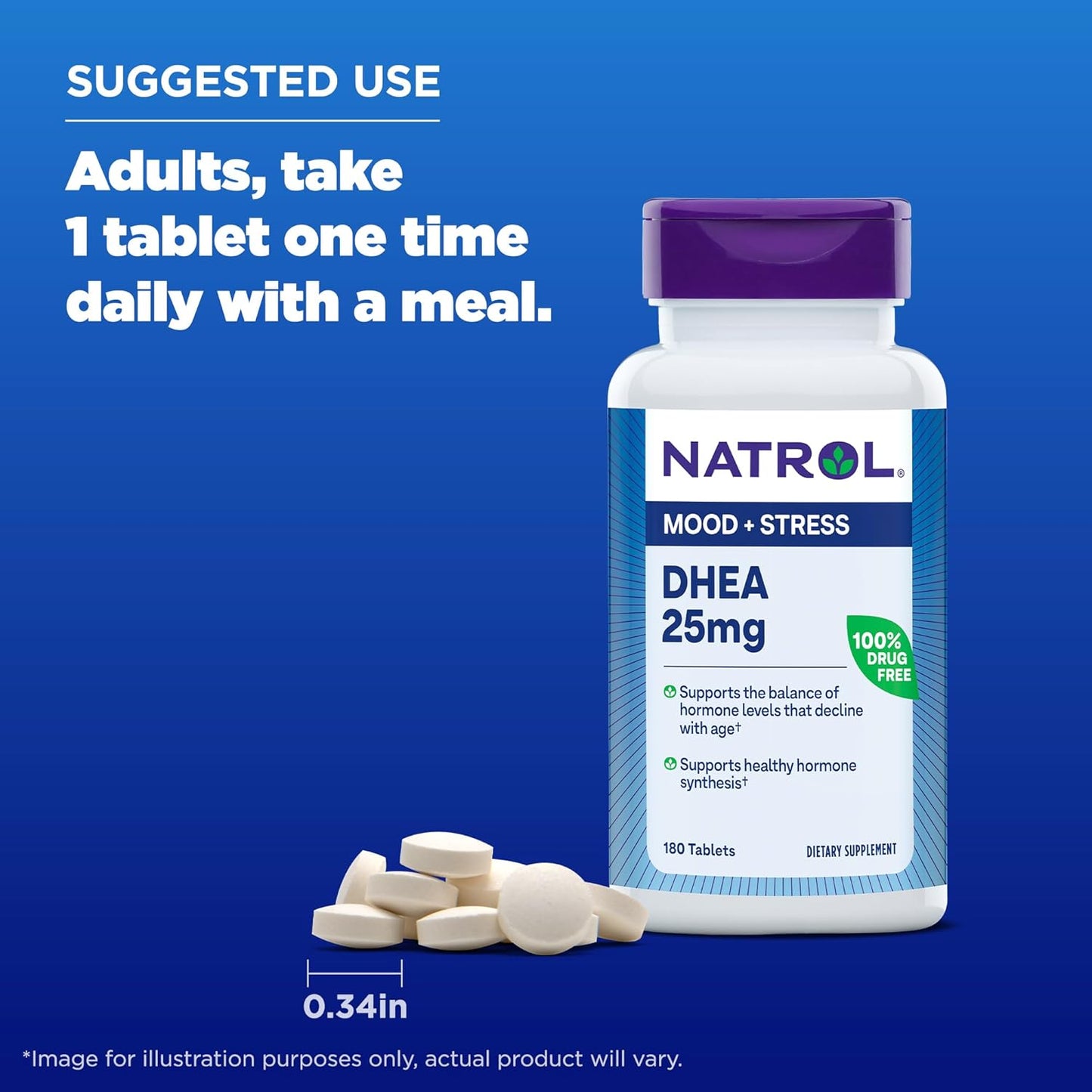 Natrol Mood & Stress DHEA 25mg with Calcium, 180 Tablets - Hormone Balance & Mood Support, 12-Pack, 180 Day Supply