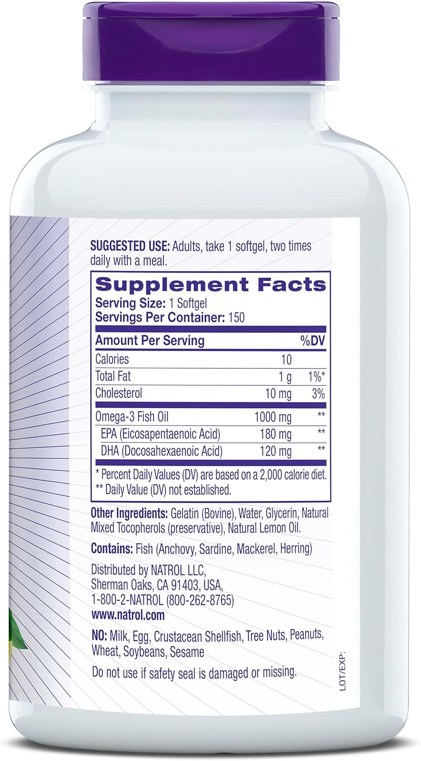 Natrol Omega-3 Fish Oil 1000mg, 150 Softgels - High Potency Essential Fatty Acids Supplement for Heart Health and Brain Function