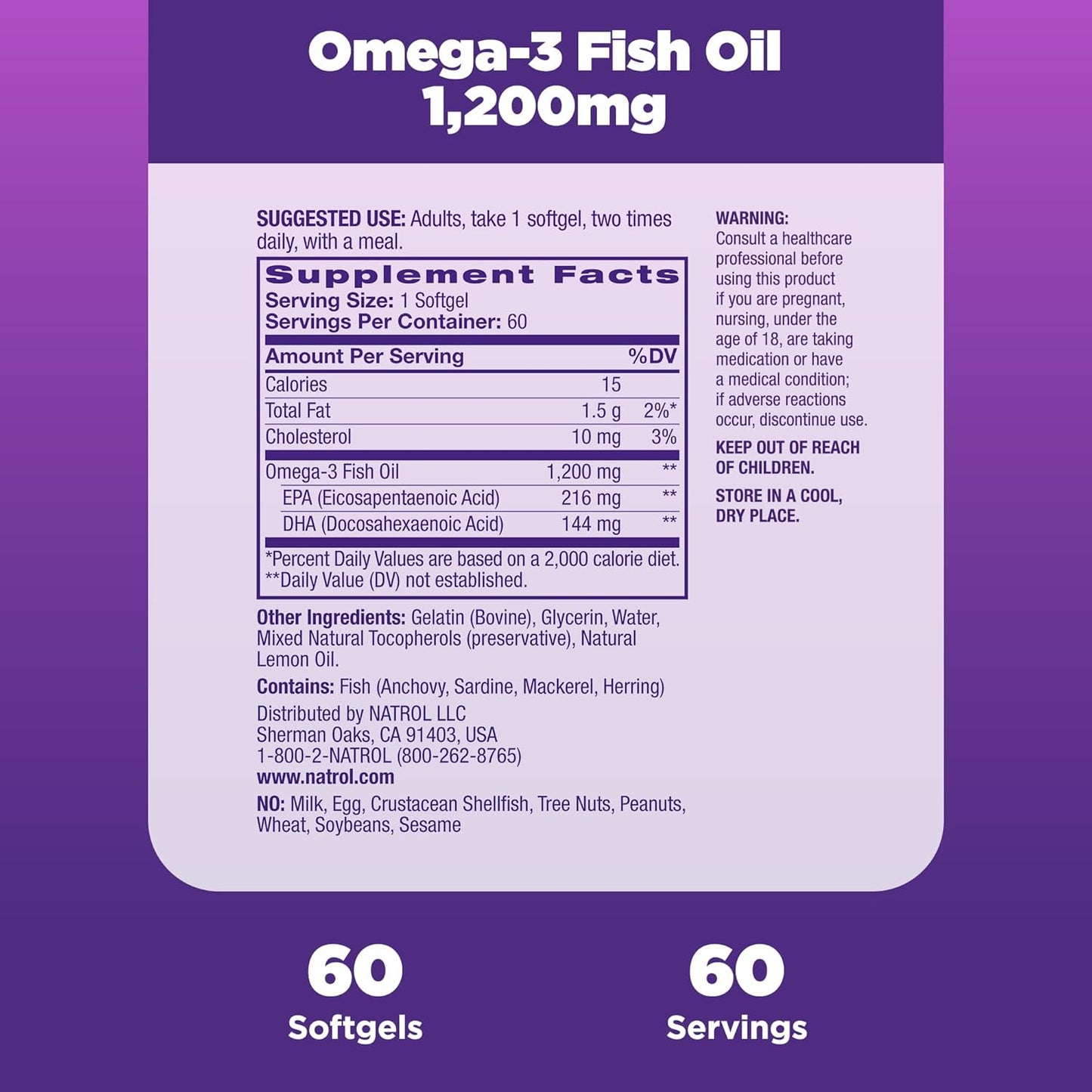 Natrol Omega-3 Fish Oil Softgels 1200mg Dietary Supplement for Heart Health - 60 Count