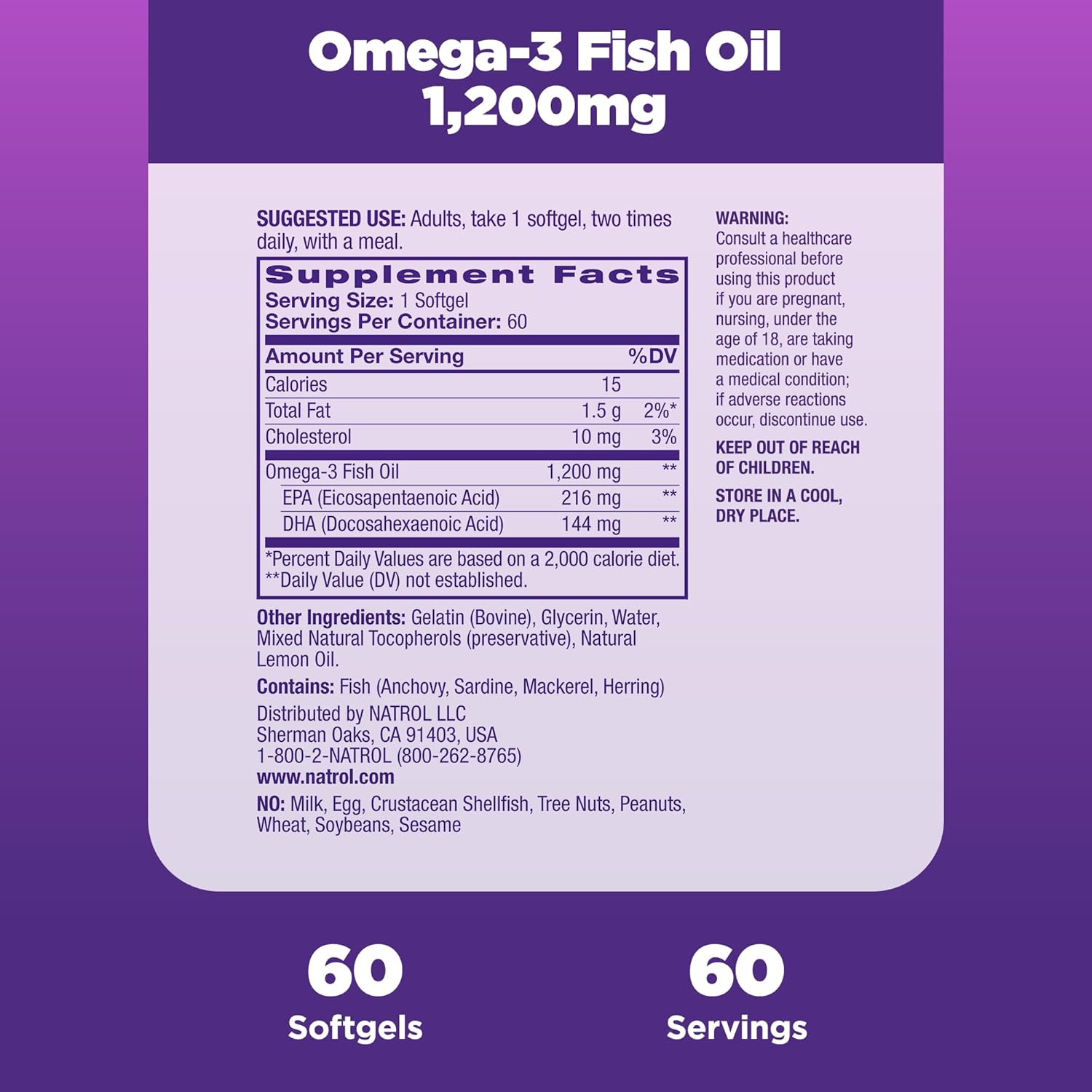 Natrol Omega-3 Fish Oil Softgels 1200mg Dietary Supplement for Heart Health - 60 Count