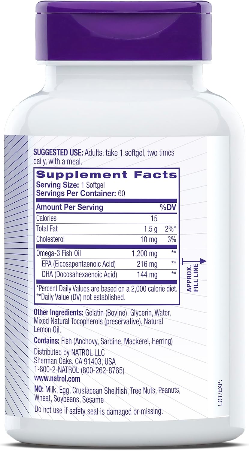 Natrol Omega-3 Fish Oil Softgels 1200mg Dietary Supplement for Heart Health - 60 Count