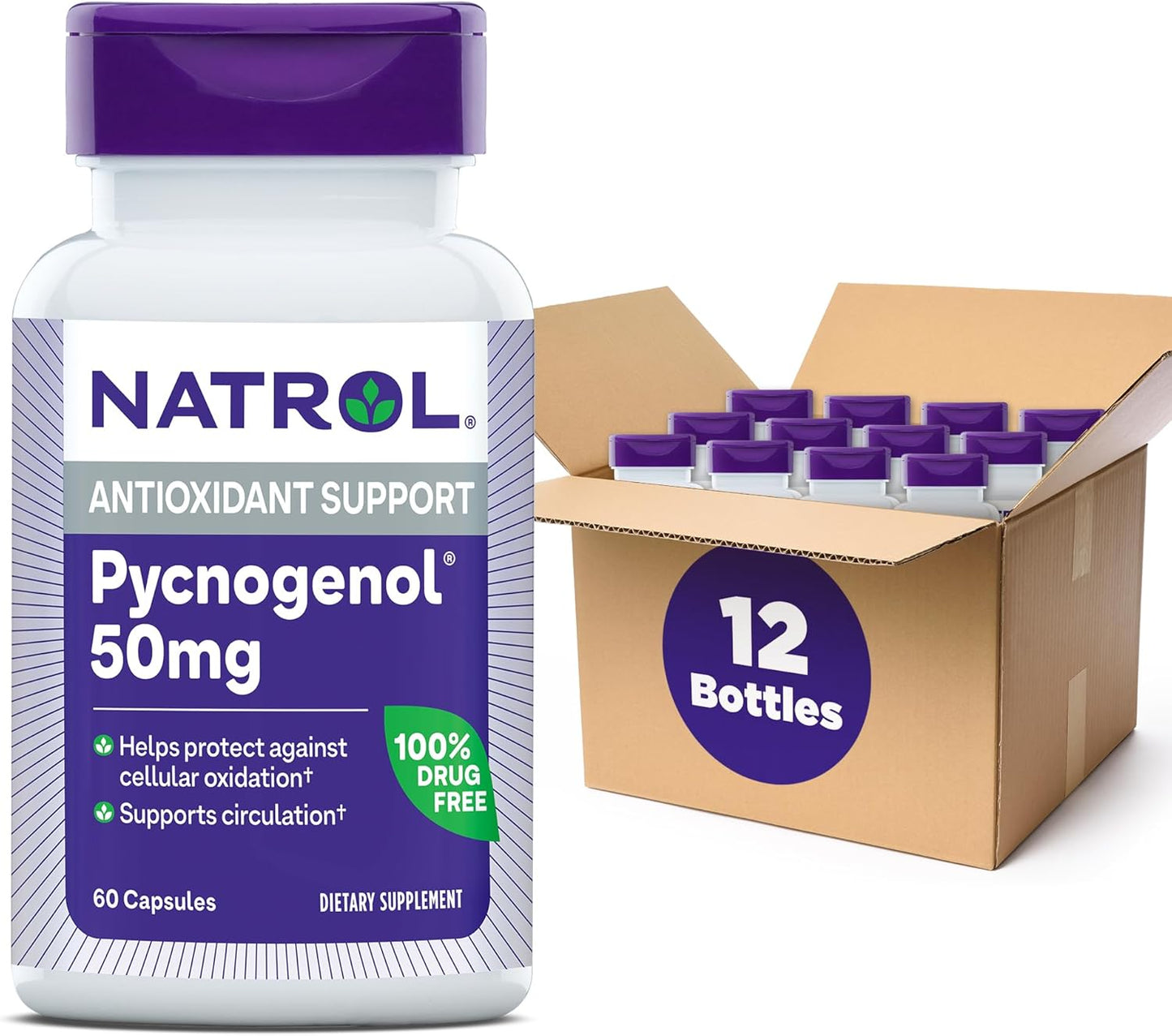 Natrol Pycnogenol Capsules - 50mg Antioxidant Protection from European Maritime Pine Bark Extract - 60 Count x 12 - Supports Circulation & Cellular Health