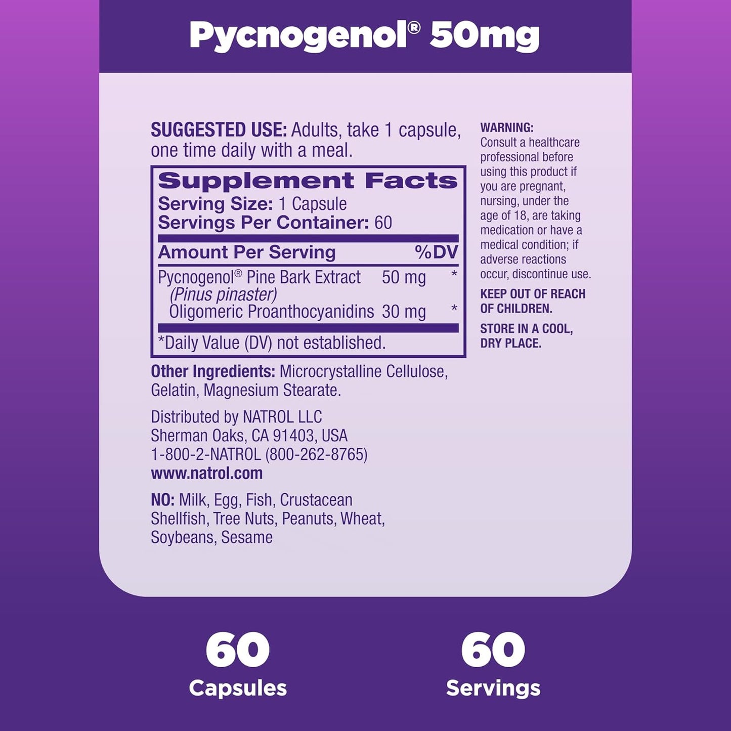 Natrol Pycnogenol Capsules - 50mg Antioxidant Protection from European Maritime Pine Bark Extract - 60 Count x 12 - Supports Circulation & Cellular Health