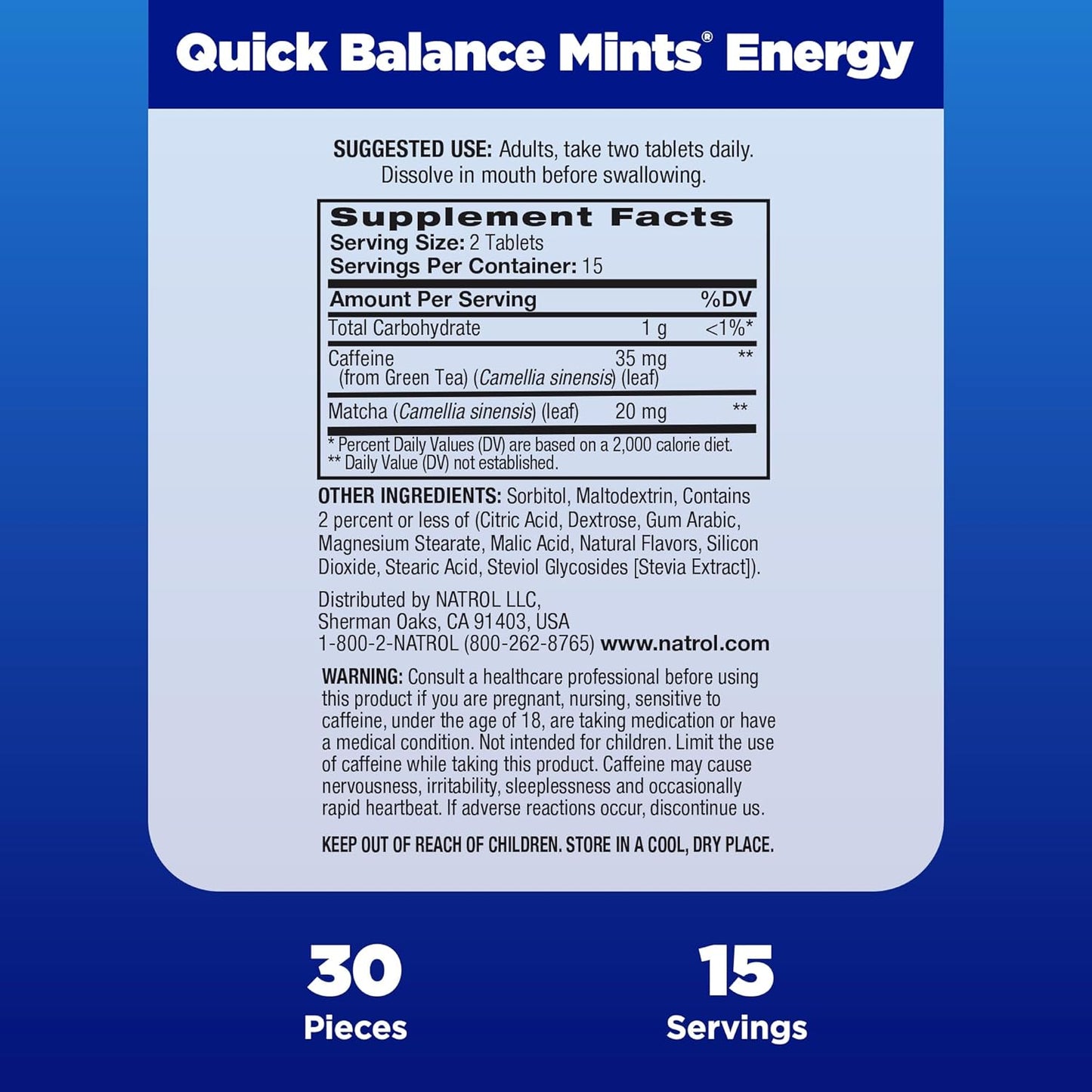 Natrol Quick Balance Energy Mints, Lemon Green Tea Flavor, 30 Count - Natural Energy Supplement for 15 Days