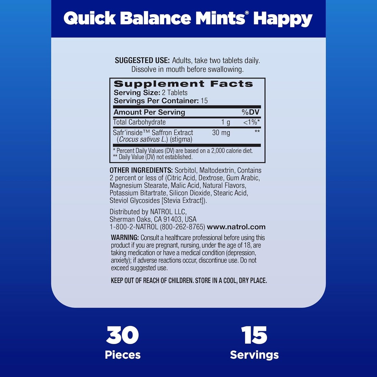 Natrol Quick Balance Happy Mints - Stress Relief Supplement (30 Mints)