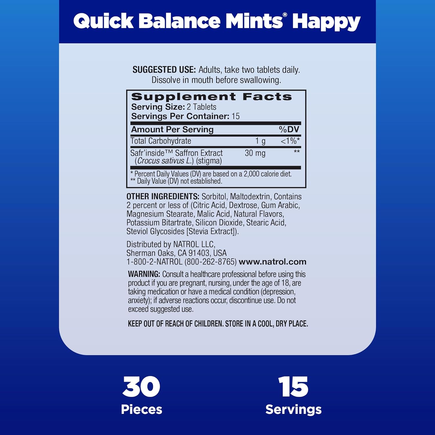 Natrol Quick Balance Happy Mints - Stress Relief Supplement (30 Mints)